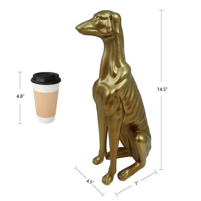 Gold dog statue with dimensions shown next to a coffee cup.