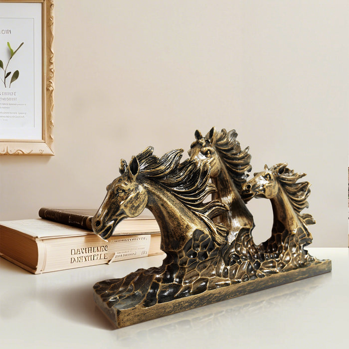 Running Horses Sculpture, Horse Bust Statue with Antique Brass Finish, Perfect for Home, Office, or Gift Ideas