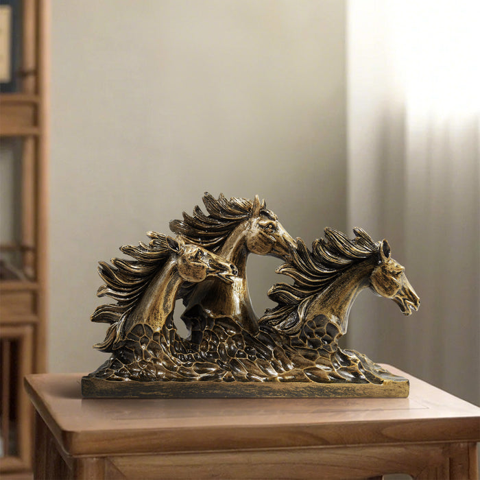 Running Horses Sculpture, Horse Bust Statue with Antique Brass Finish, Perfect for Home, Office, or Gift Ideas