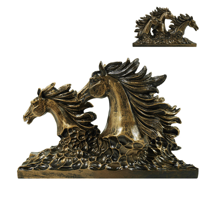 Running Horses Sculpture, Horse Bust Statue with Antique Brass Finish, Perfect for Home, Office, or Gift Ideas