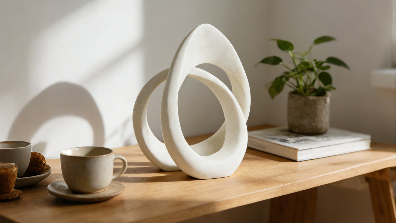 White abstract sculpture on a wooden table with a cup, saucer, and plant in the background.