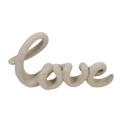A beige-colored resin sculpture spelling out the word 'LOVE' in a cursive script style on a white background.