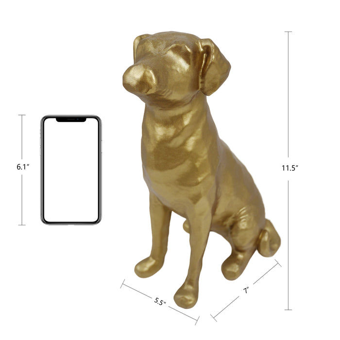 Gold dog statue with dimensions shown next to a smartphone for scale on a white background.