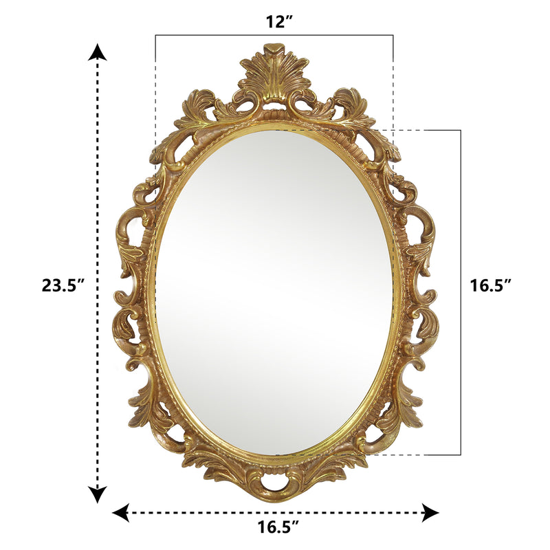 An oval mirror with a scroll design in an antique gold finish, reflecting a well-lit interior room.