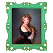 An ornate vintage-inspired picture frame with green edges and gold accents, designed for an 8x10-inch picture, featuring a decorative painting of a woman inside.
