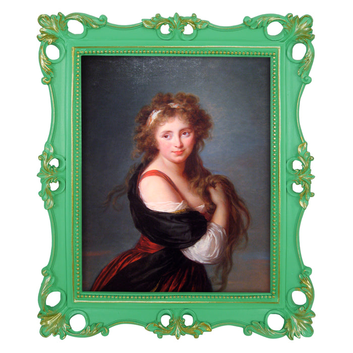 An ornate vintage-inspired picture frame with green edges and gold accents, designed for an 8x10-inch picture, featuring a decorative painting of a woman inside.