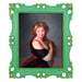 An ornate vintage-inspired picture frame with green edges and gold accents, designed for an 8x10-inch picture, featuring a decorative painting of a woman inside.