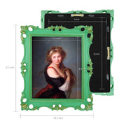 Size details of an ornate vintage-inspired picture frame with green edges and gold accents, designed for an 8x10-inch picture, featuring a decorative painting of a woman inside.