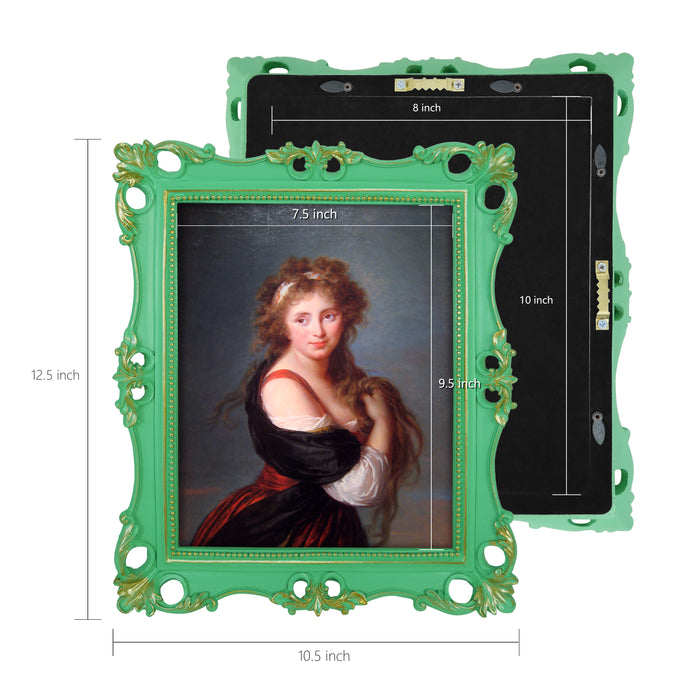 Size details of an ornate vintage-inspired picture frame with green edges and gold accents, designed for an 8x10-inch picture, featuring a decorative painting of a woman inside.