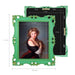 Size details of an ornate vintage-inspired picture frame with green edges and gold accents, designed for an 8x10-inch picture, featuring a decorative painting of a woman inside.