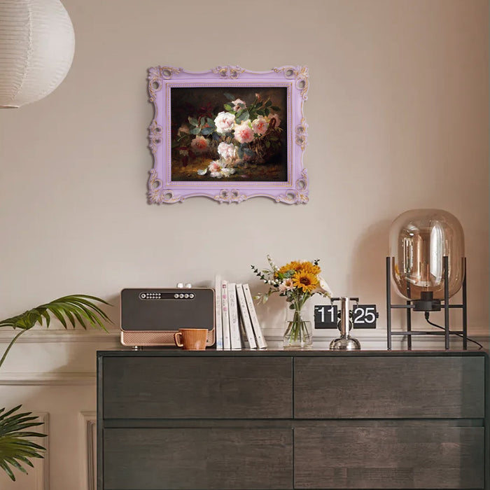 An ornate vintage-inspired picture frame with purple edges and gold accents, designed for an 8x10-inch picture, featuring a decorative painting.