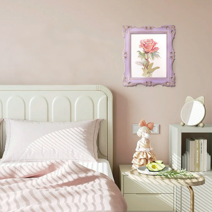 An ornate vintage-inspired picture frame with purple edges and gold accents, designed for an 8x10-inch picture, featuring a decorative painting.
