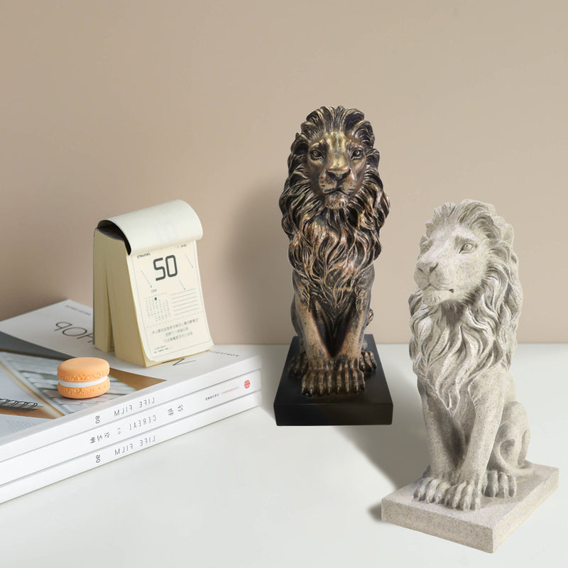 The lion sculpture is made from resin, with a bronzene finish that enhances its intricate textures. 