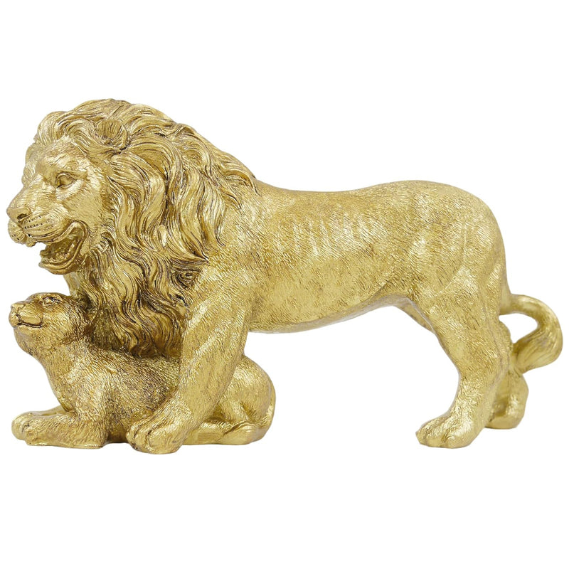 Gold Lion Statue, Lion King and Cub Sculpture, 9'' Wide Safari Themed Animal Figurine for Home Office Décor, Father's Day Housewarmings Birthdays Gifts for Men Parents