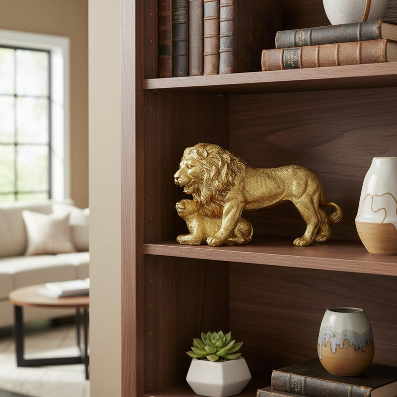 Gold Lion Statue, Lion King and Cub Sculpture, 9'' Wide Safari Themed Animal Figurine for Home Office Décor, Father's Day Housewarmings Birthdays Gifts for Men Parents