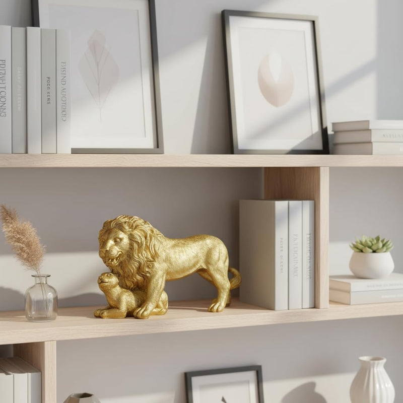 Gold Lion Statue, Lion King and Cub Sculpture, 9'' Wide Safari Themed Animal Figurine for Home Office Décor, Father's Day Housewarmings Birthdays Gifts for Men Parents