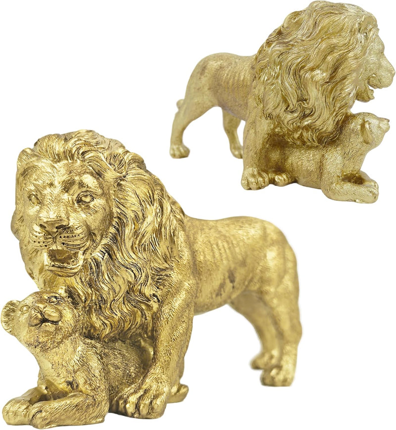 Gold Lion Statue, Lion King and Cub Sculpture, 9'' Wide Safari Themed Animal Figurine for Home Office Décor, Father's Day Housewarmings Birthdays Gifts for Men Parents