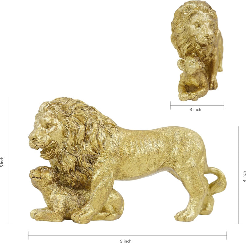 Gold Lion Statue, Lion King and Cub Sculpture, 9'' Wide Safari Themed Animal Figurine for Home Office Décor, Father's Day Housewarmings Birthdays Gifts for Men Parents