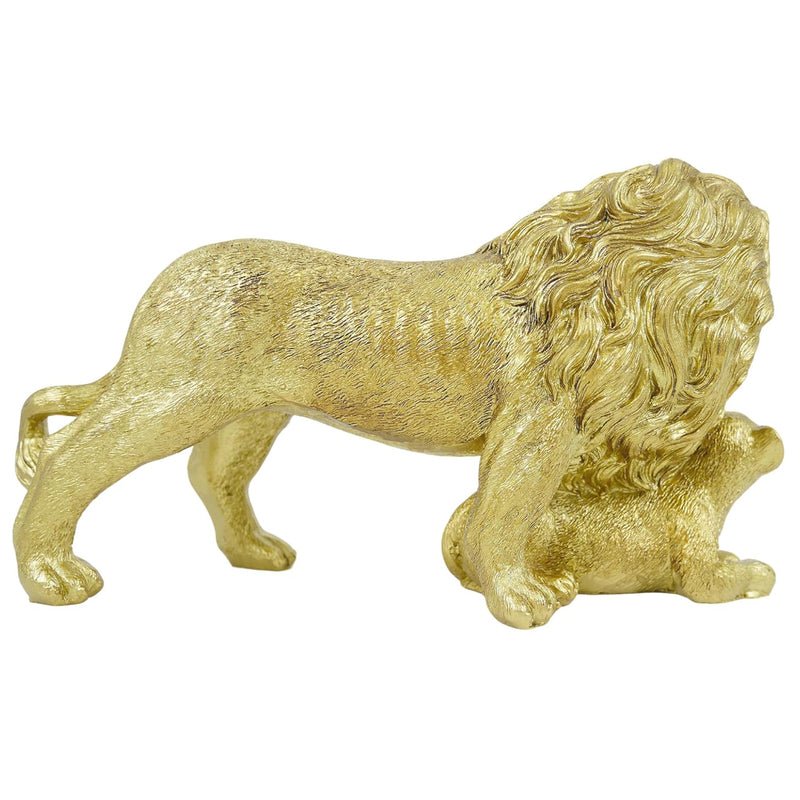 Gold Lion Statue, Lion King and Cub Sculpture, 9'' Wide Safari Themed Animal Figurine for Home Office Décor, Father's Day Housewarmings Birthdays Gifts for Men Parents