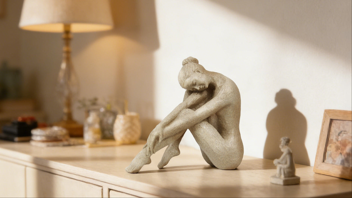 Sculpture of a nude figure on a wooden surface with a lamp and decor items in the background.