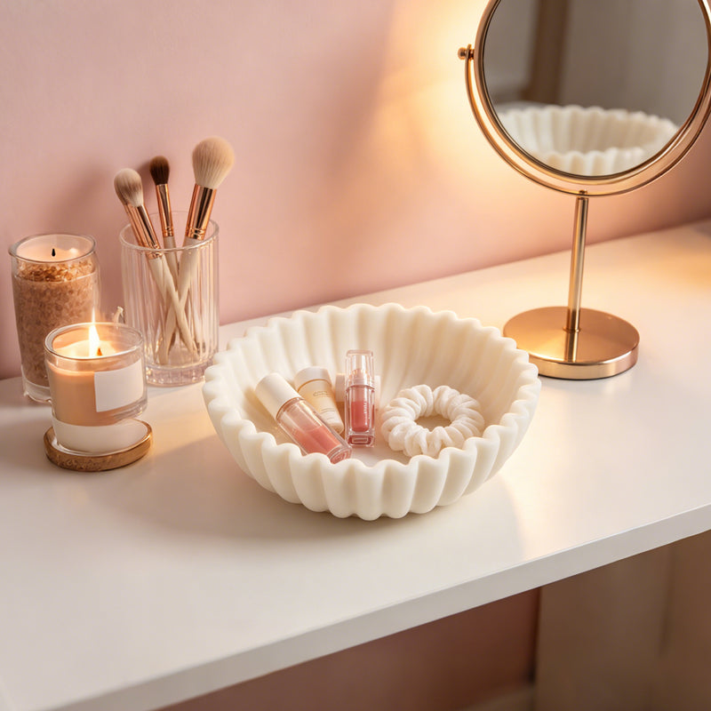 White Decorative Bowl, Marble Style Catchall Bowl for Entryway Console Coffee Table Shelf, 10” Scalloped Fluted Decorative Centerpiece