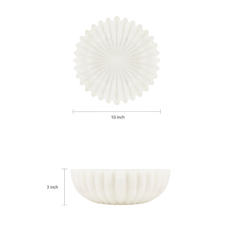 White Decorative Bowl, Marble Style Catchall Bowl for Entryway Console Coffee Table Shelf, 10” Scalloped Fluted Decorative Centerpiece