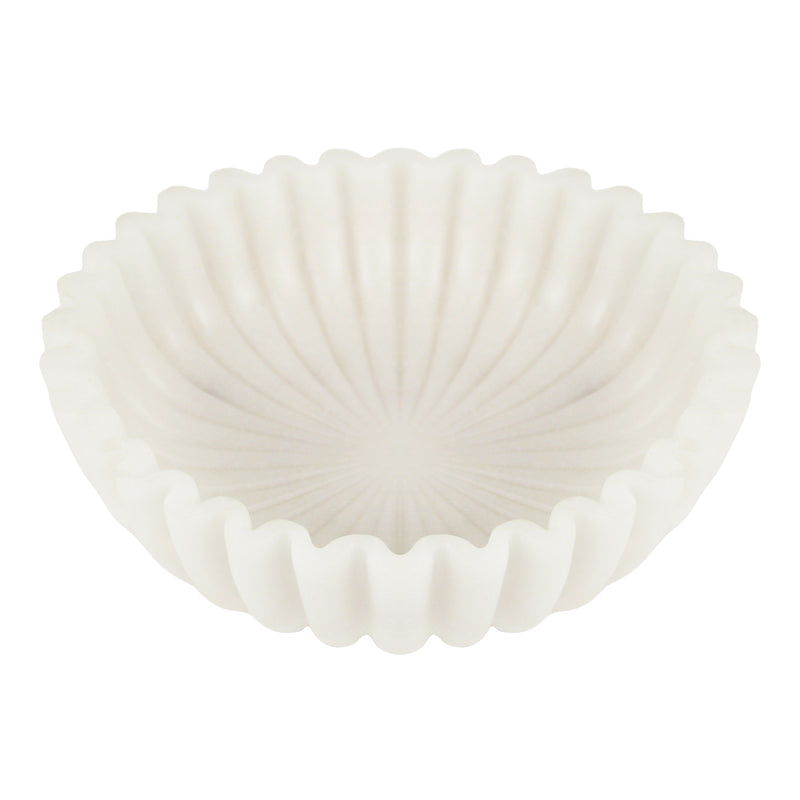 White Decorative Bowl, Marble Style Catchall Bowl for Entryway Console Coffee Table Shelf, 10” Scalloped Fluted Decorative Centerpiece