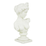 White marble bust of a classical figure on a white background