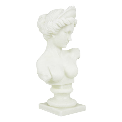 White marble bust of a classical figure on a white background