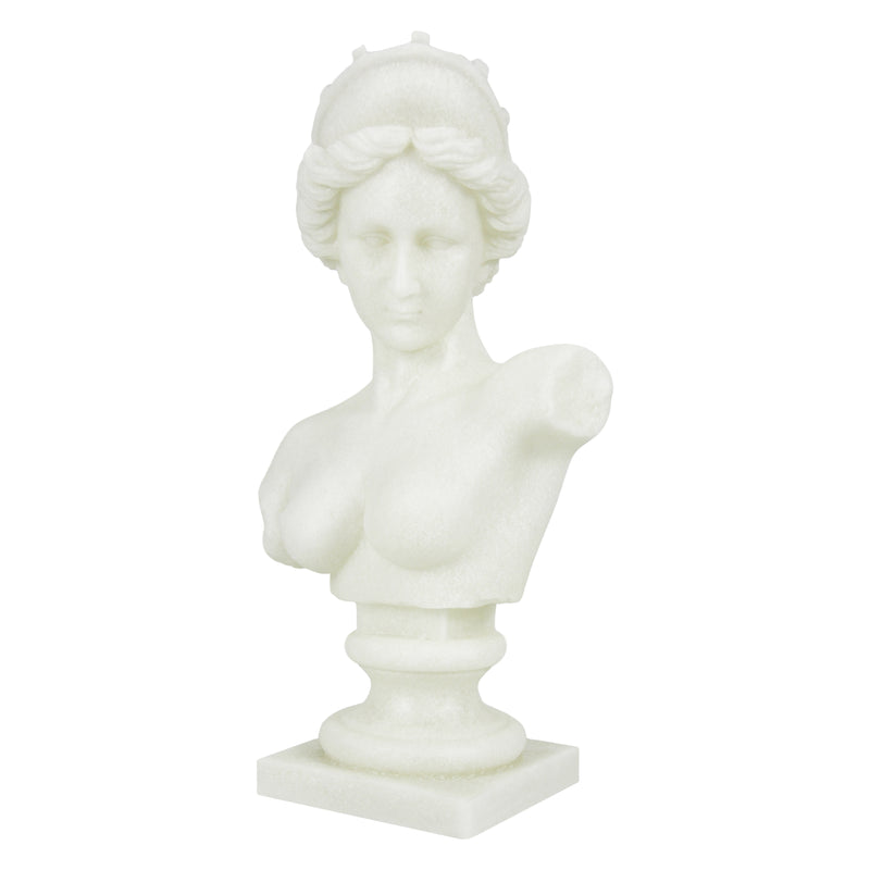White marble bust of a classical woman on a white background