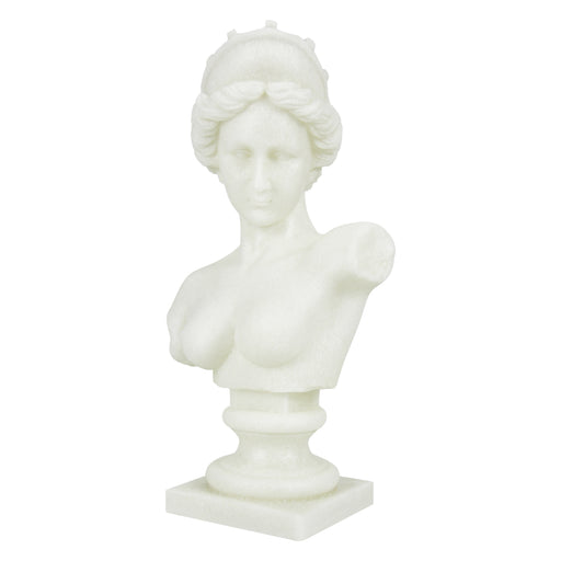White marble bust of a classical woman on a white background
