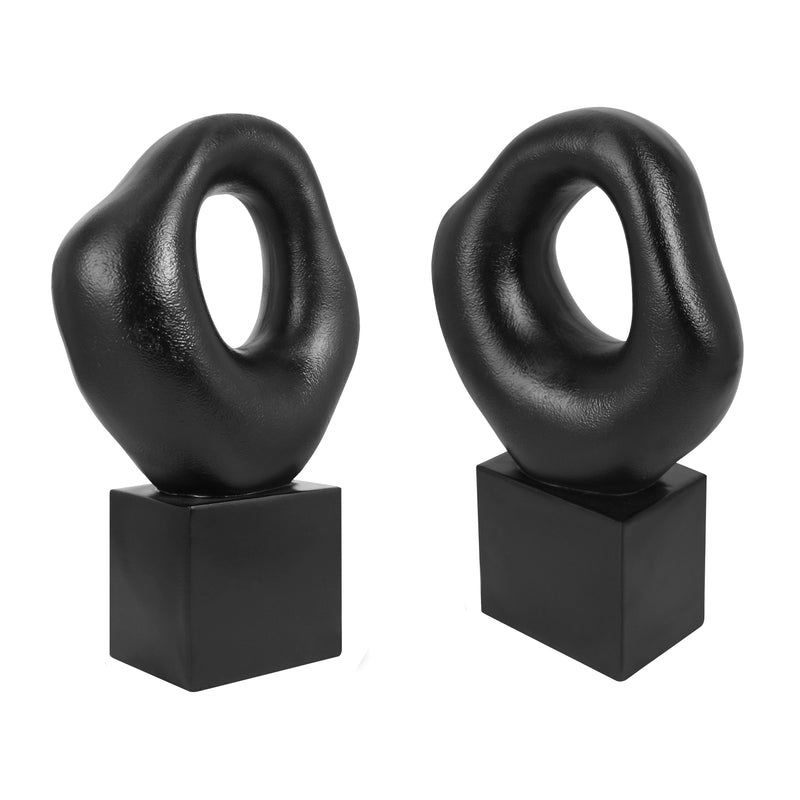 Minimalist Tabletop Decor for Living Room Shelf Bookshelf Office, Black Asymmetrical Organic Form Statue with Cube Base, 13” Tall Modern Abstract Hollow Sculptures