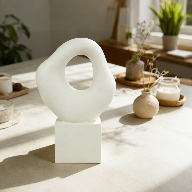 Minimalist Tabletop Decor for Living Room Shelf Bookshelf Office, White Asymmetrical Organic Form Statue with Cube Base, 13” Tall Modern Abstract Hollow Sculptures