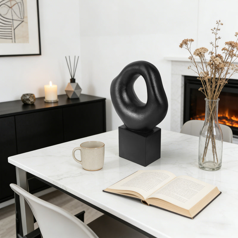 Minimalist Tabletop Decor for Living Room Shelf Bookshelf Office, Black Asymmetrical Organic Form Statue with Cube Base, 13” Tall Modern Abstract Hollow Sculptures