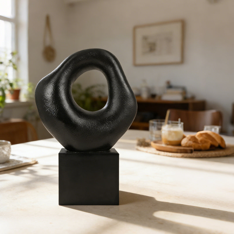 Minimalist Tabletop Decor for Living Room Shelf Bookshelf Office, Black Asymmetrical Organic Form Statue with Cube Base, 13” Tall Modern Abstract Hollow Sculptures