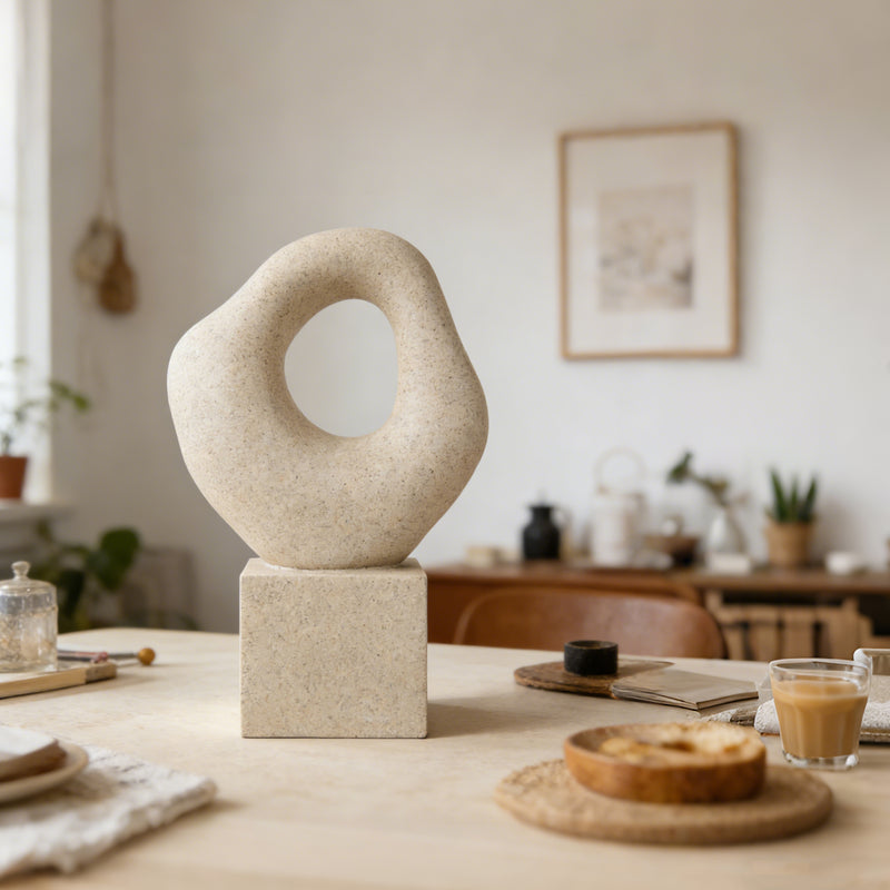 Minimalist Tabletop Decor for Living Room Shelf Bookshelf Office, 13'' Tall Asymmetrical Organic Form Statue with Cube Base, Sand Beige Modern Abstract Hollow Sculptures