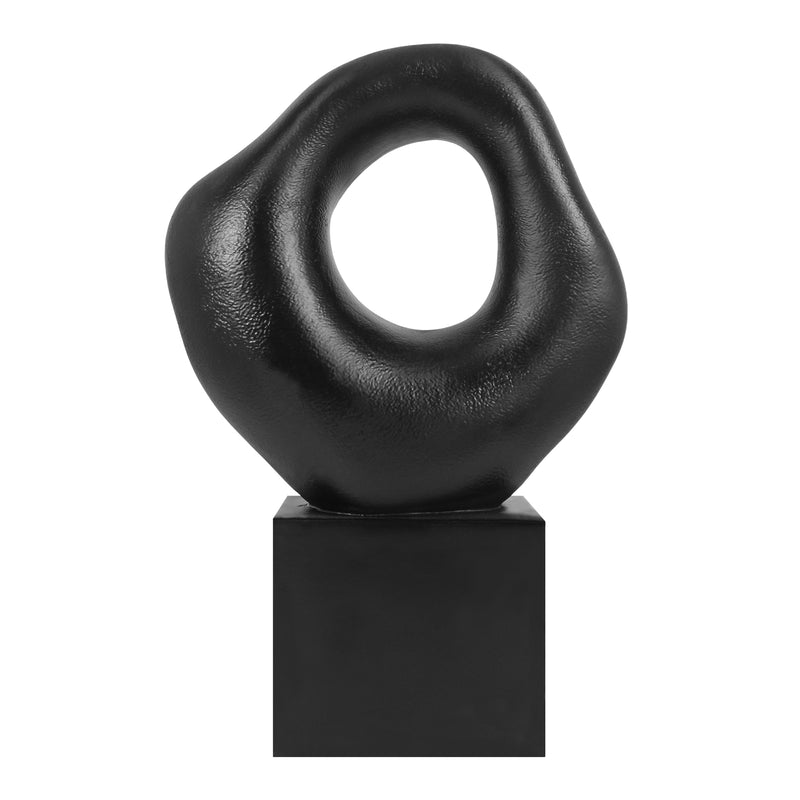 Minimalist Tabletop Decor for Living Room Shelf Bookshelf Office, Black Asymmetrical Organic Form Statue with Cube Base, 13” Tall Modern Abstract Hollow Sculptures