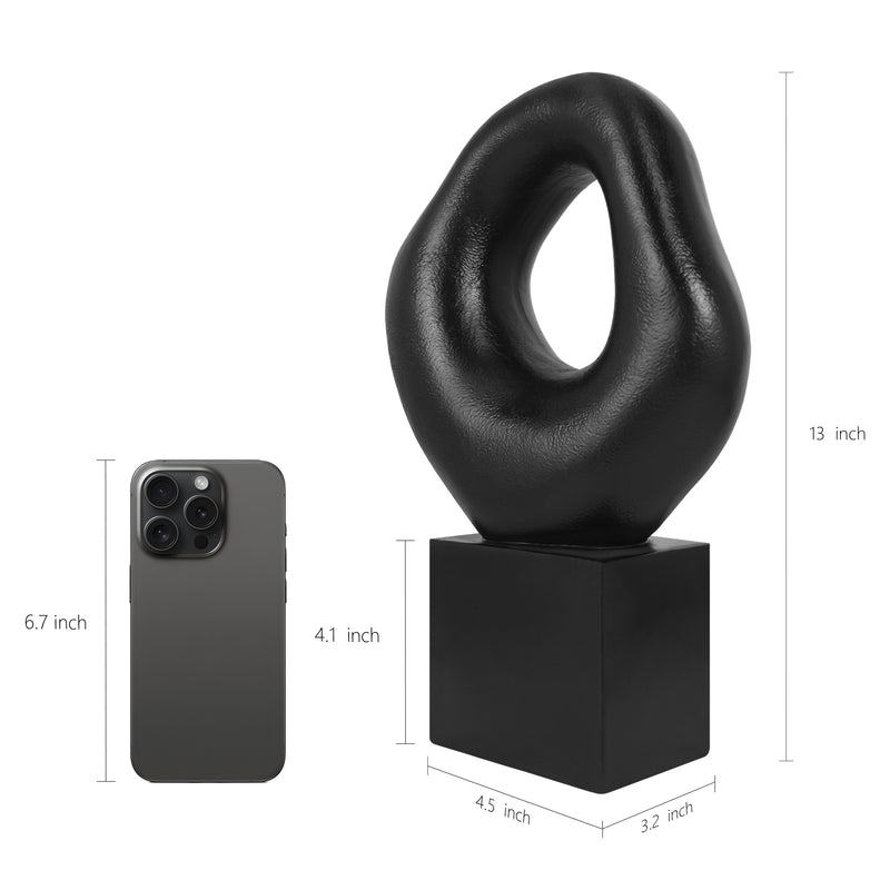 Minimalist Tabletop Decor for Living Room Shelf Bookshelf Office, Black Asymmetrical Organic Form Statue with Cube Base, 13” Tall Modern Abstract Hollow Sculptures