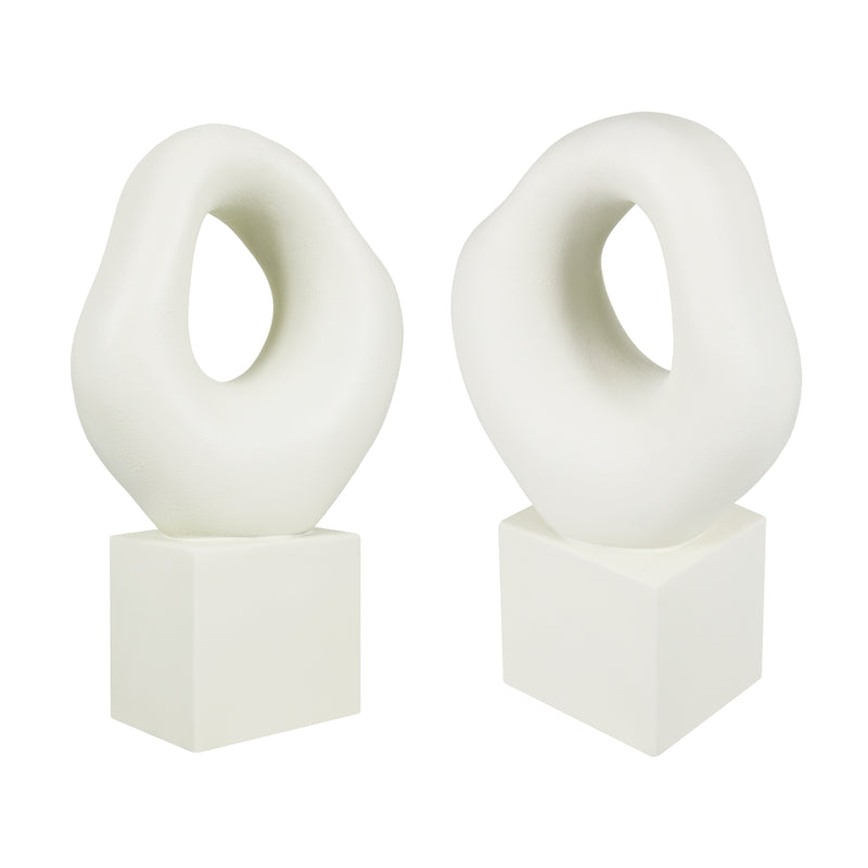 Minimalist Tabletop Decor for Living Room Shelf Bookshelf Office, White Asymmetrical Organic Form Statue with Cube Base, 13” Tall Modern Abstract Hollow Sculptures