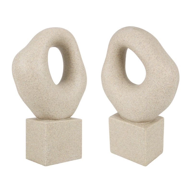Minimalist Tabletop Decor for Living Room Shelf Bookshelf Office, 13'' Tall Asymmetrical Organic Form Statue with Cube Base, Sand Beige Modern Abstract Hollow Sculptures