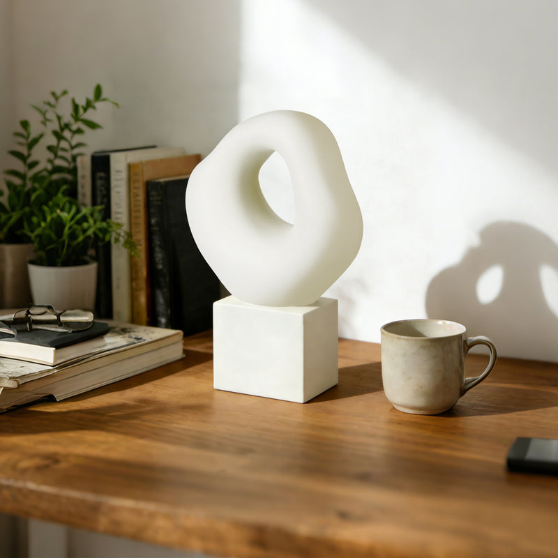 Minimalist Tabletop Decor for Living Room Shelf Bookshelf Office, White Asymmetrical Organic Form Statue with Cube Base, 13” Tall Modern Abstract Hollow Sculptures