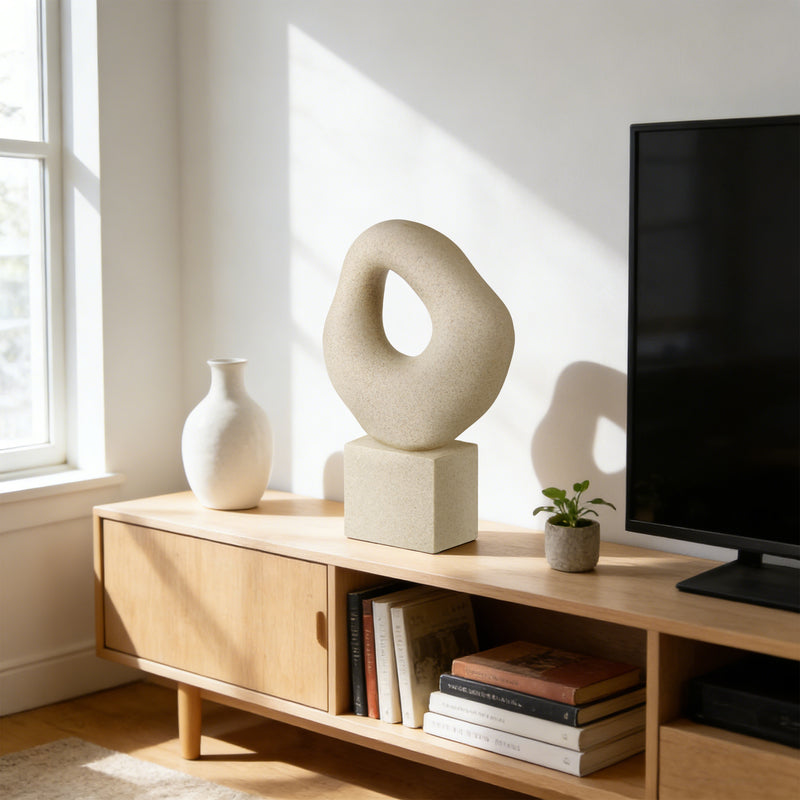 Minimalist Tabletop Decor for Living Room Shelf Bookshelf Office, 13'' Tall Asymmetrical Organic Form Statue with Cube Base, Sand Beige Modern Abstract Hollow Sculptures