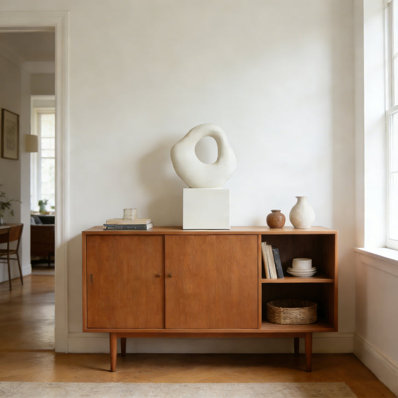 Minimalist Tabletop Decor for Living Room Shelf Bookshelf Office, White Asymmetrical Organic Form Statue with Cube Base, 13” Tall Modern Abstract Hollow Sculptures