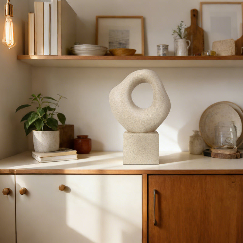 Minimalist Tabletop Decor for Living Room Shelf Bookshelf Office, 13'' Tall Asymmetrical Organic Form Statue with Cube Base, Sand Beige Modern Abstract Hollow Sculptures