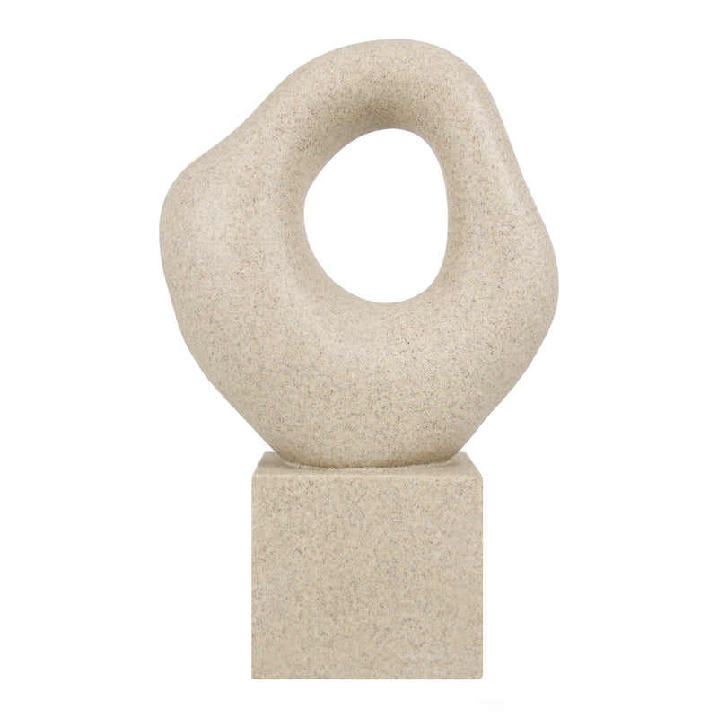 Minimalist Tabletop Decor for Living Room Shelf Bookshelf Office, 13'' Tall Asymmetrical Organic Form Statue with Cube Base, Sand Beige Modern Abstract Hollow Sculptures