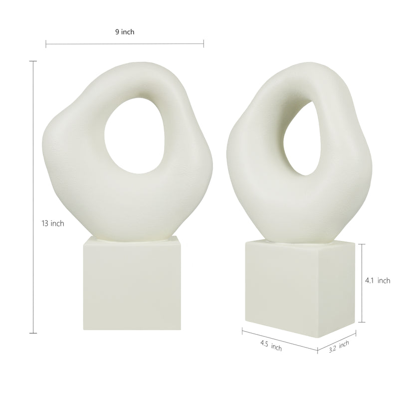 Minimalist Tabletop Decor for Living Room Shelf Bookshelf Office, White Asymmetrical Organic Form Statue with Cube Base, 13” Tall Modern Abstract Hollow Sculptures