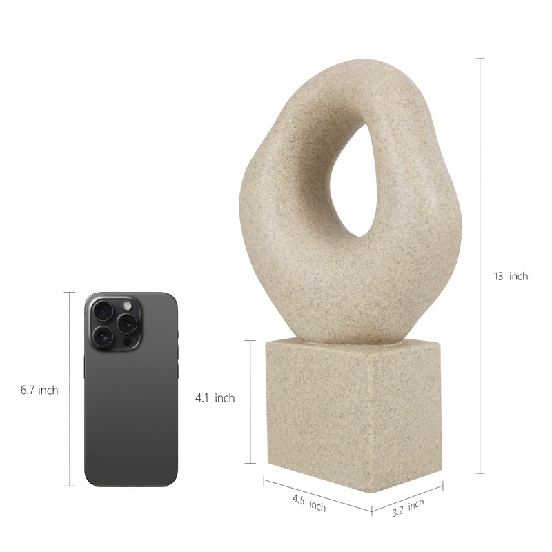 Minimalist Tabletop Decor for Living Room Shelf Bookshelf Office, 13'' Tall Asymmetrical Organic Form Statue with Cube Base, Sand Beige Modern Abstract Hollow Sculptures