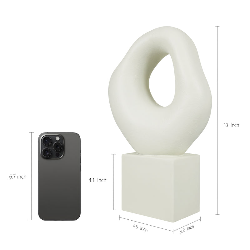 Minimalist Tabletop Decor for Living Room Shelf Bookshelf Office, White Asymmetrical Organic Form Statue with Cube Base, 13” Tall Modern Abstract Hollow Sculptures