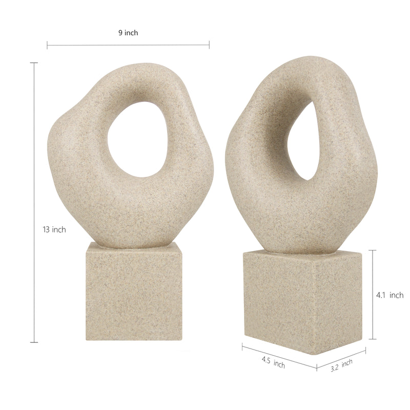 Minimalist Tabletop Decor for Living Room Shelf Bookshelf Office, 13'' Tall Asymmetrical Organic Form Statue with Cube Base, Sand Beige Modern Abstract Hollow Sculptures