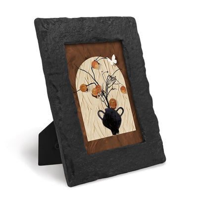 Black 4x6 modern picture frame with hand-carved chiseled stone texture border for wall and tabletop display